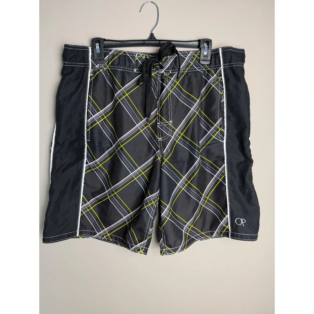 OP Ocean Pacific Mens Plaid Board Shorts Black Yellow Swim Trunks Size M 32-34